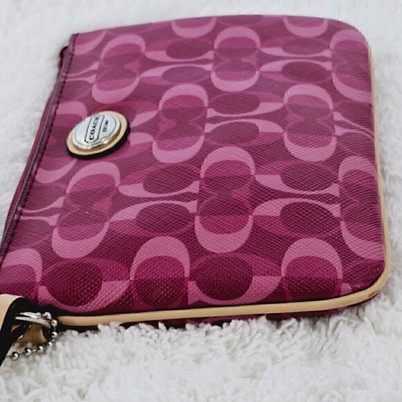 COACH Fushia Signature Logo Canvas and Leather Top Zip Wristlet Wallet Organizer - Picture 8 of 16
